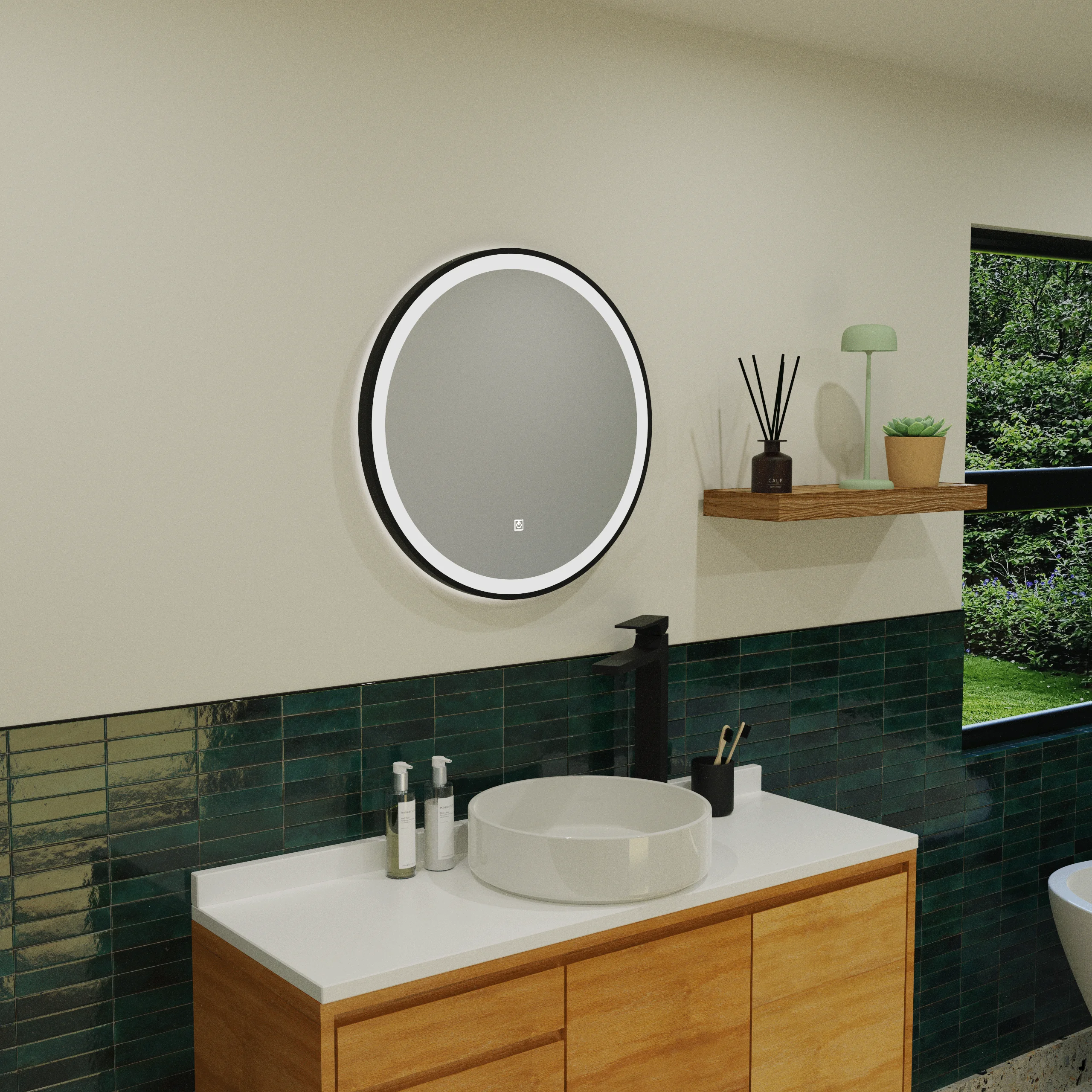 Odesa - Round Black Frame LED Illuminated 600mm Mirror with Touch Control & Demister
