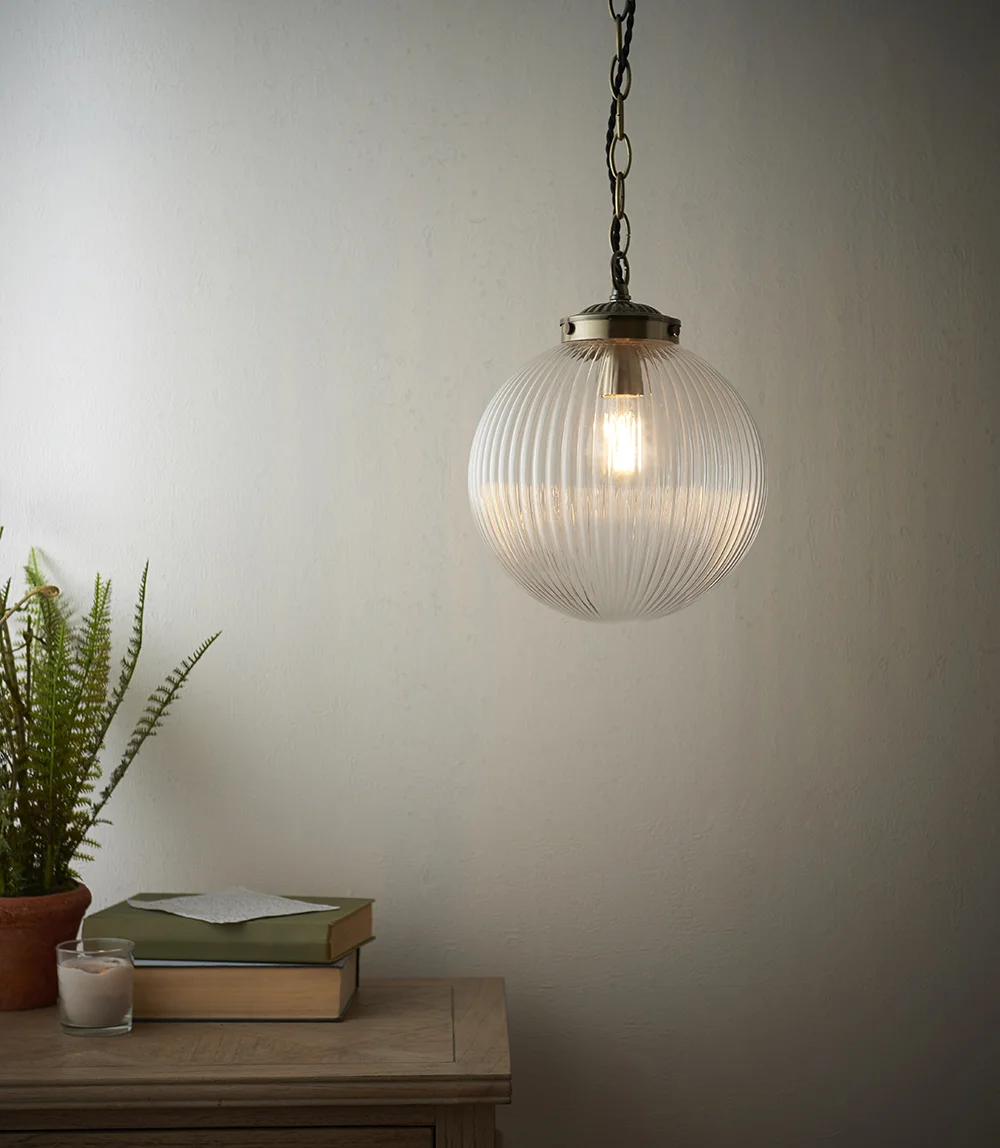 Fresco - 240V Ribbed Round Glass Pendant Light Fitting with Metal Chain - Image 3