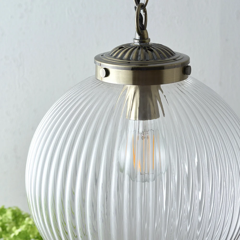 Fresco - 240V Ribbed Round Glass Pendant Light Fitting with Metal Chain - Image 2