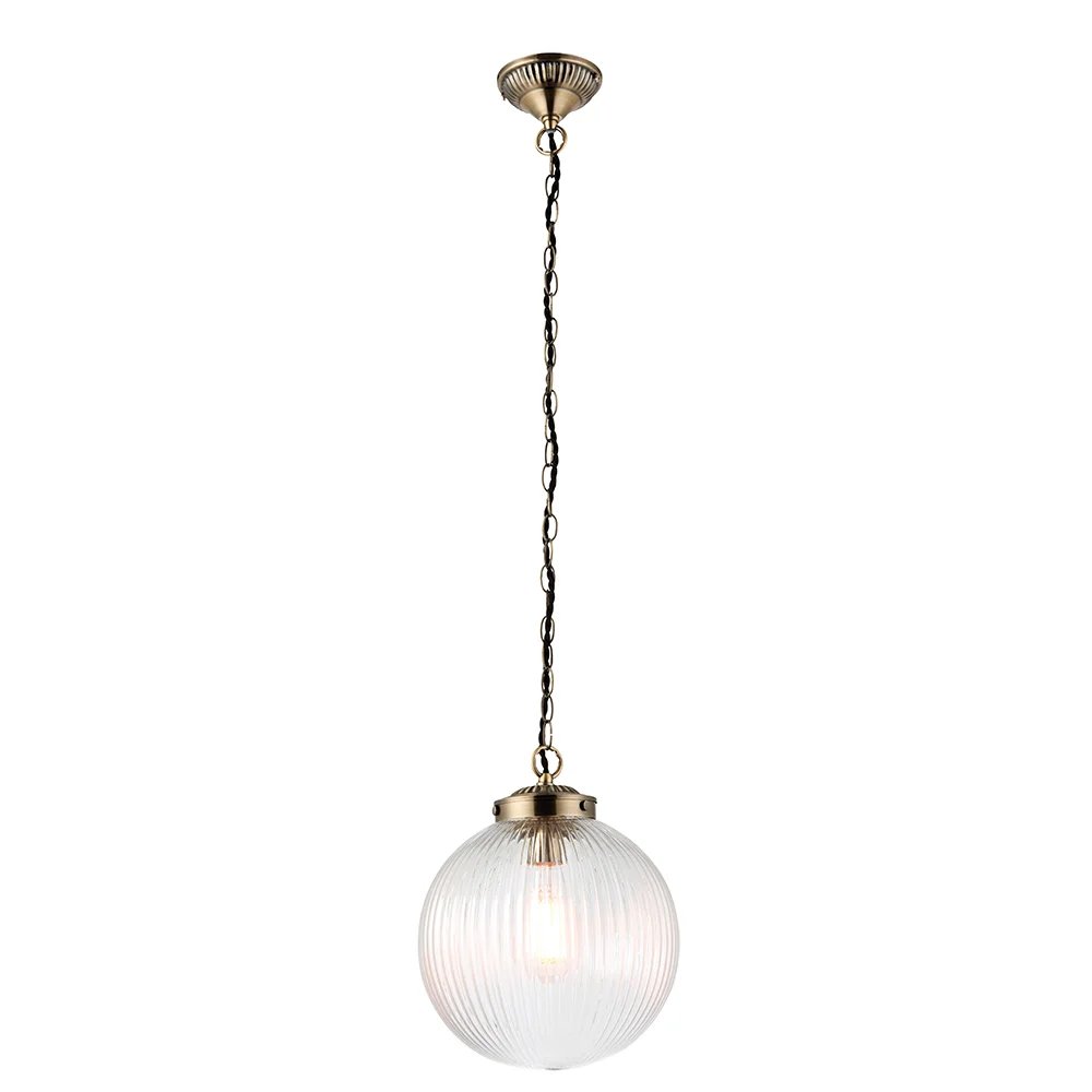 Fresco - 240V Ribbed Round Glass Pendant Light Fitting with Metal Chain