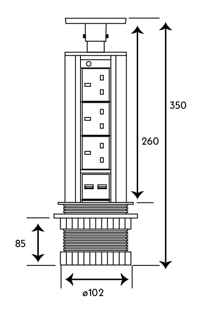 Pop-up Socket Tower with 3 x 3 Gang and 2 x USB Sockets - Image 3
