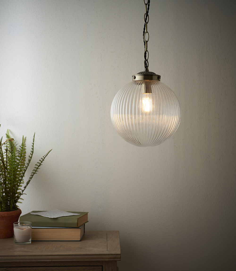 Fresco - 240V Ribbed Round Glass Pendant Light Fitting with Metal Chain - Image 3