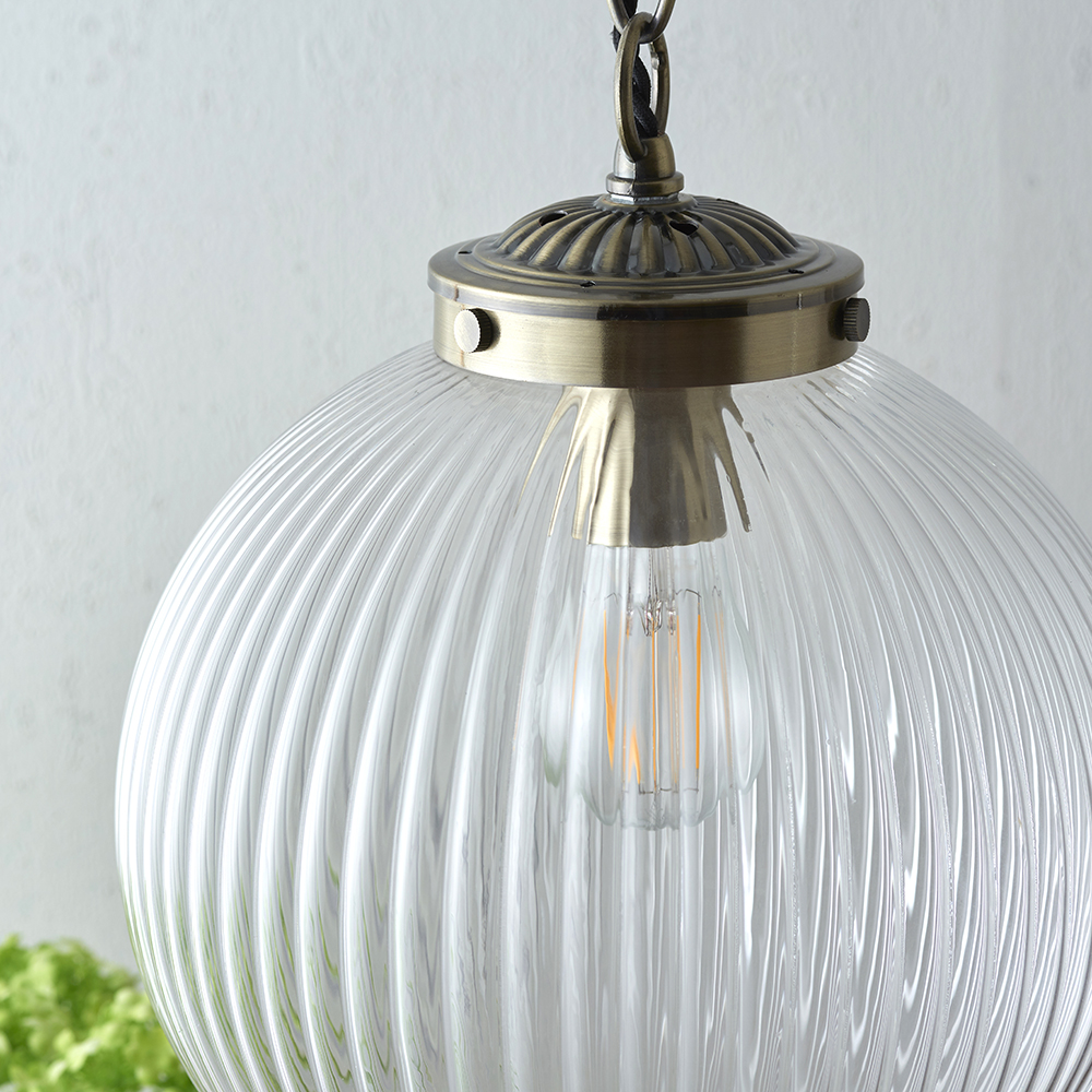 Fresco - 240V Ribbed Round Glass Pendant Light Fitting with Metal Chain - Image 2