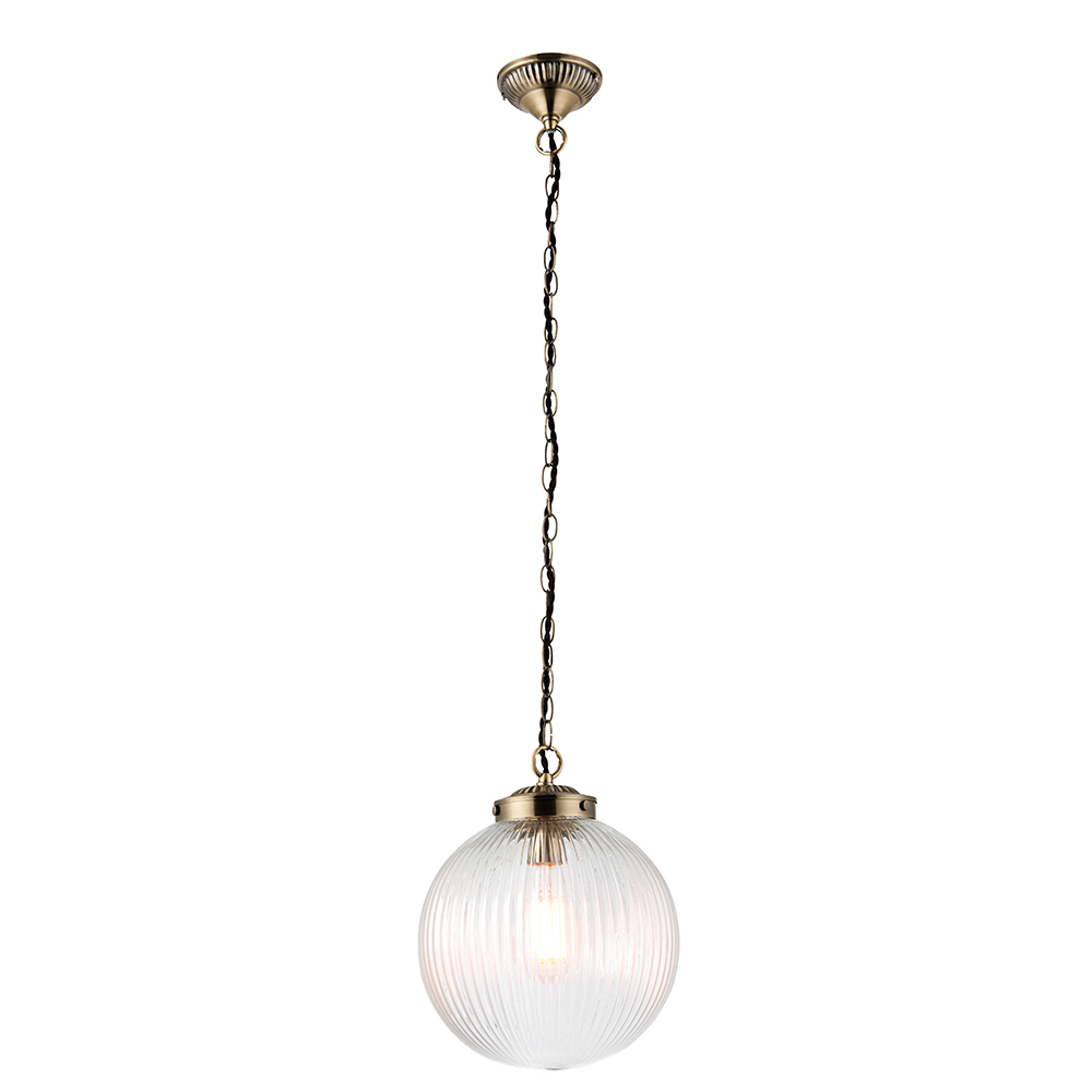 Fresco - 240V Ribbed Round Glass Pendant Light Fitting with Metal Chain